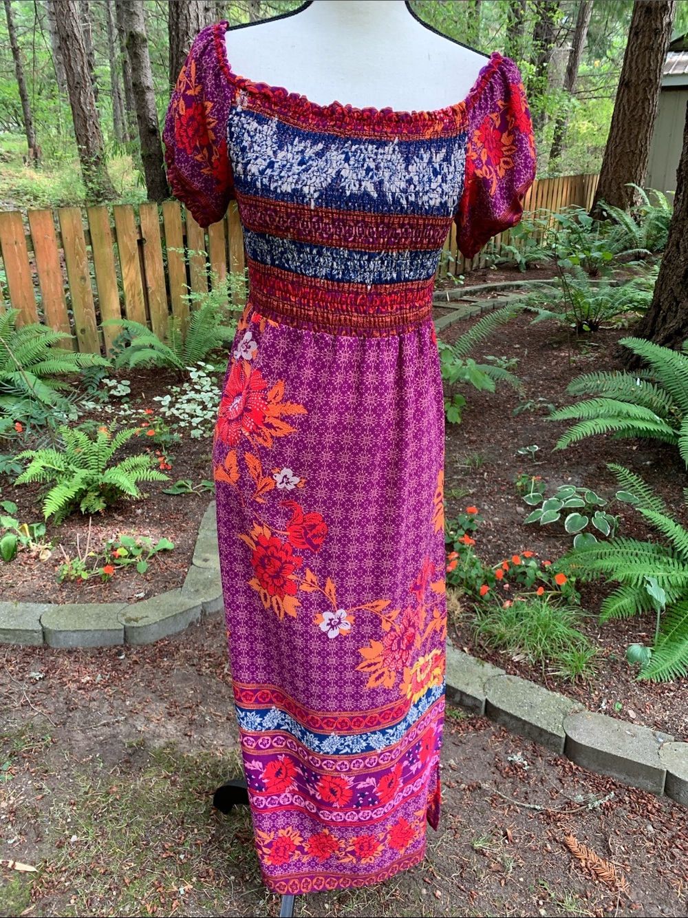 Monteau Magenta Maxi Dress with Orange Floral Accents